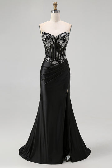 Black Strapless Mermaid Corset Long Prom Dress with Lace Up Back